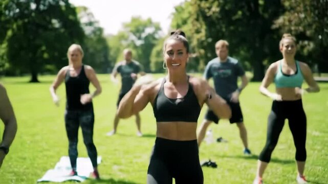 Fit Woman Leading Outdoor Fitness Class in Sunny Park