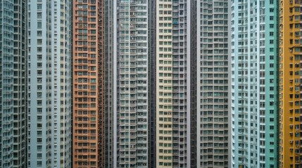 Tall colorful apartment buildings stand tightly together in urban environment