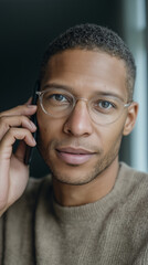 Obraz premium Confident entrepreneur speaking on the phone against a dark backdrop 