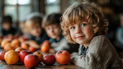 Fototapeta premium Adorable Toddler Boy with Curly Hair and Apples
