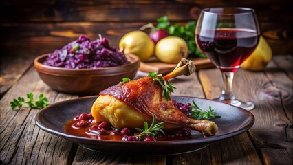 Rustic Roast Duck Leg Dinner: Red Cabbage, Dumplings & Red Wine