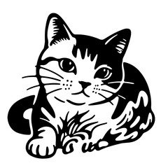 Cute black and white kitten, vector illustration.  Playful, happy mood.  Simple black and white design.