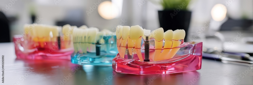 Poster 3d printed jaw models with removable implant crowns displayed in a clinical setting under bright lig
