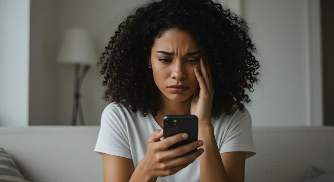 Worried woman looking at phone bad news online dating stress anxiety upset sad disappointed with message