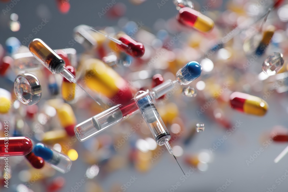 Aufkleber floating capsules, vials, and syringes create an abstract representation of the medical world in vib