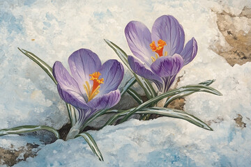 Vibrant crocus blooms piercing through the snow, a symbol of early spring