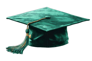 Digital illustration of an emerald green graduation gown, cap, and tassel on a transparent background