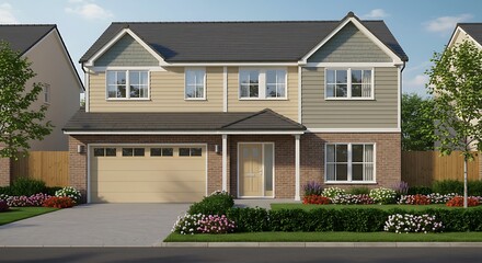 Fototapeta premium Newly built model home with elegant coastal design, white exterior, and a neatly landscaped front yard perfect for tropical living or vacation rental appeal.