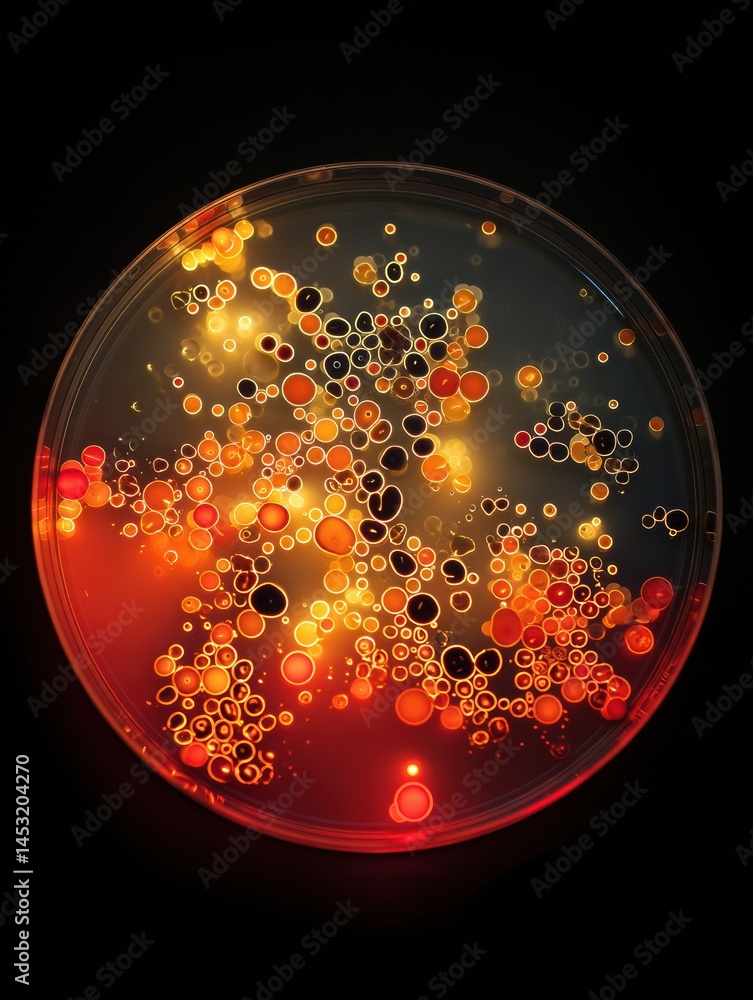 Fototapete petri dish showcasing colonies of resistant bacteria glowing vividly in dark environment with intric