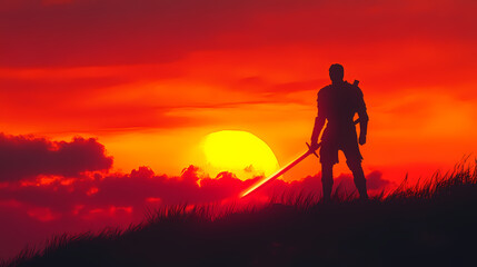 Obraz premium Silhouette of warrior with glowing sword at sunset. [Neon Folklore] | Glowing Legends | electric past. Illustration