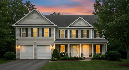 A beautiful two-story home in Manorville, New York, with a two-car garage and French doors, set in a lush suburban neighborhood. The summer scene captures the serene landscape, with trees and well-mai