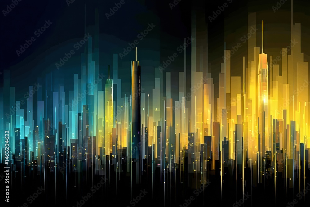 Poster abstract skyline comparison showcasing technology hubs of shenzhen and silicon valley during nightti