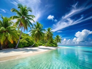Serene Tropical Island Paradise: Calm Ocean, Palm Trees, Relaxation Escape