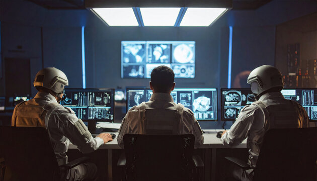Three military officers in futuristic uniforms working in a control room, monitoring surveillance feeds and analyzing data on advanced computer screens during an operation.