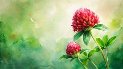 Serene Watercolor Red Clover Panorama: Crimson & Sage Green Floral Art Print