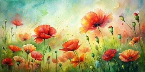 Fototapeta premium Serene Watercolor Poppies: Breezy Field Panorama in Vermilion Red & Soft Green
