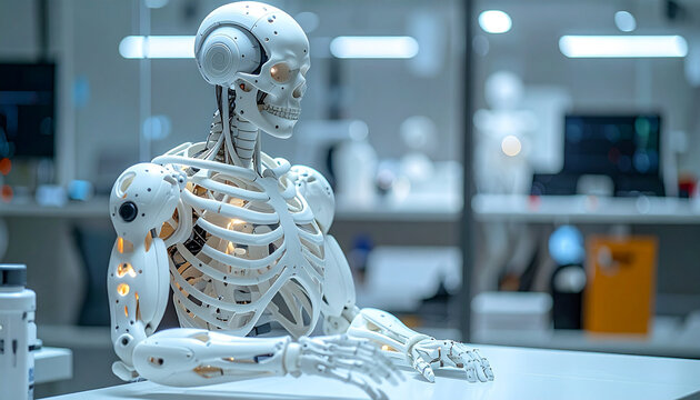 Future of Robotics: Captivating view of a humanoid robot with an exposed endoskeleton seated in a laboratory environment. Showcasing technological advancement and artificial intelligence.  - Powered by Adobe