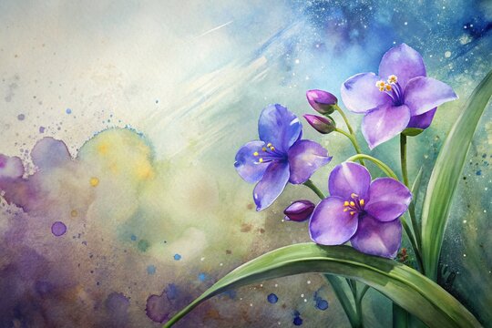 Serene Watercolor Spiderwort Panorama: Violet & Silver Floral Art Print