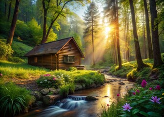 Obraz premium Serene Woodland Cabin Retreat: Tranquil Nature Escape Stock Photo