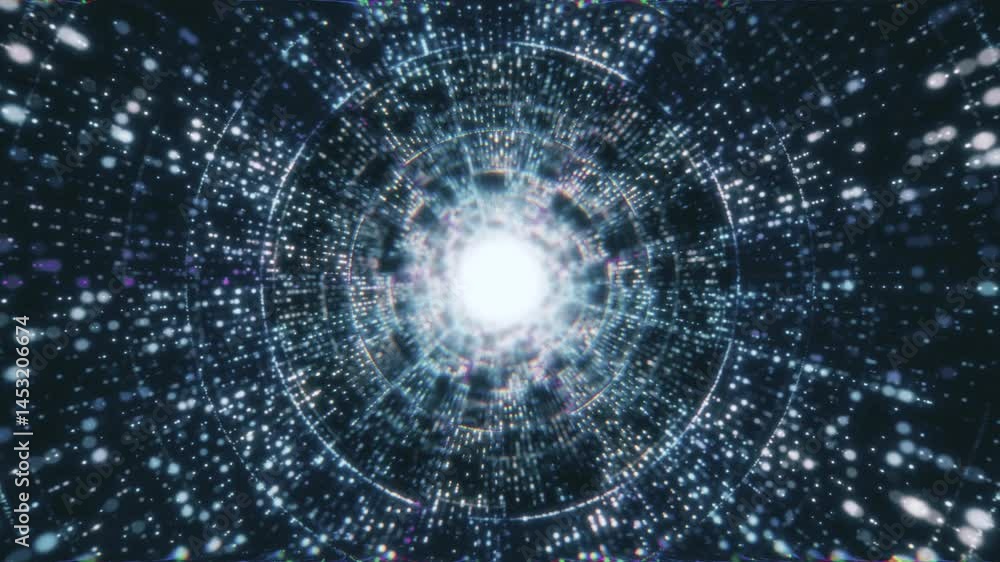 Poster futuristic digital tunnel with glowing particles creating vibrant sci-fi vortex effect, perfect for 