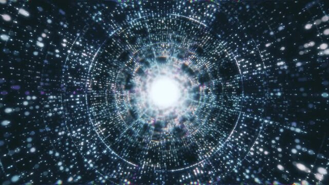 Futuristic digital tunnel with glowing particles creating vibrant sci-fi vortex effect, perfect for illustrating data transmission, time travel, or virtual reality environments. Abstract cyberspace