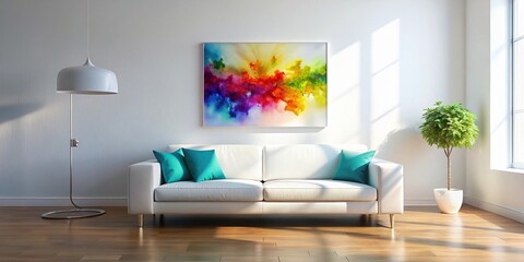 Silhouette of Colorful Abstract Art Above White Sofa in Modern Living Room