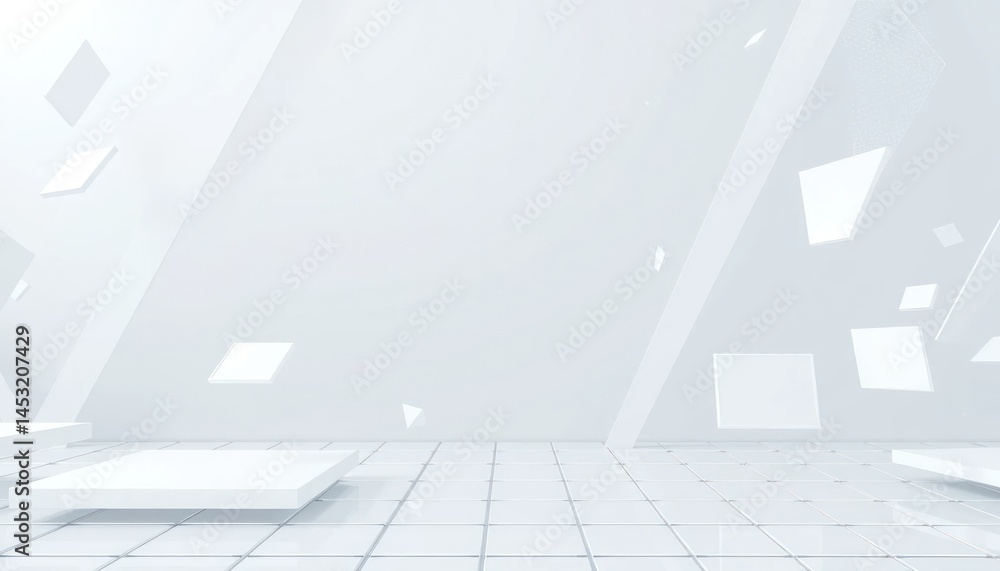 Poster immersive white geometric space displaying future architecture design concept