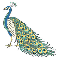 Vintage Peacock Drawing in Teal and Gold Editable Vector Art for Designers