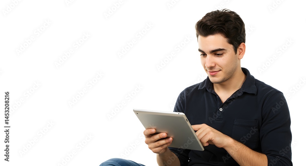 Poster man using tablet device for online browsing and digital media consumption on white background isolat