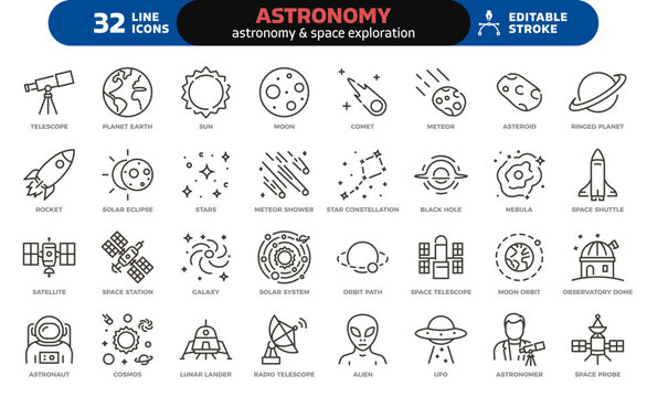 Astronomy and space exploration icon set. Thin line editable stroke icons for astrophysics, planets, rockets, astronauts, solar system, satellites, galaxies and outer space observation science
