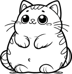 Cute happy fat cat is sitting like Buddah. Outline Cat in kawaii style. Hand drawn vector illustration. Line art cat mascot character. Coloring page