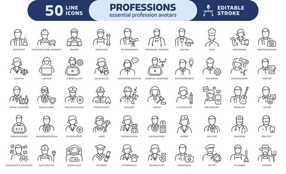 Essential professions and diverse job roles avatars icon set. Thin line editable stroke icons for careers, jobs, workplace, service, education, occupations, employment, workforce