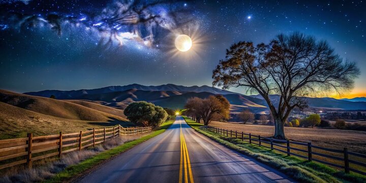 Solvang & Santa Ynez Winter Night: Country Road, Full Moon, Starry Sky Long Exposure Photography