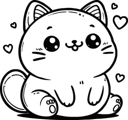 Cute happy fat cat is sitting like Buddah. Outline Cat in kawaii style. Hand drawn vector illustration. Line art cat mascot character. Coloring page