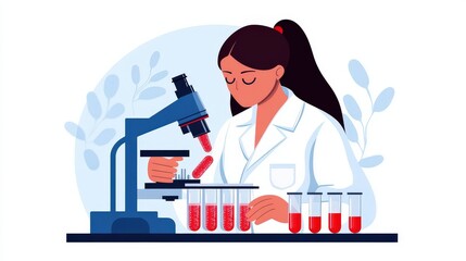 Female Scientist Using Microscope and Test Tubes in a Laboratory