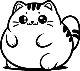 Cute happy fat cat is sitting like Buddah. Outline Cat in kawaii style. Hand drawn vector illustration. Line art cat mascot character. Coloring page