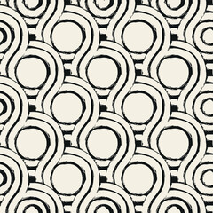 Vector seamless abstract pattern with concentric circles and wavy rings creating a hypnotic target-like effect. The bold black-and-white contrast adds a modern, high-impact look suitable for textiles