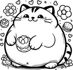 Cute happy fat cat is sitting like Buddah. Outline Cat in kawaii style. Hand drawn vector illustration. Line art cat mascot character. Coloring page