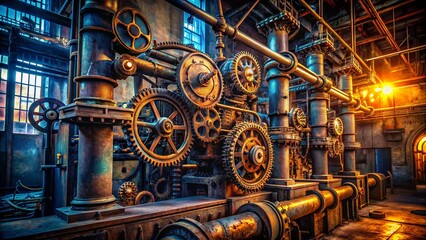 Steampunk Machine: Intricate Metallic Contraption in Abandoned Factory