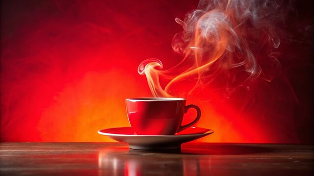 Steaming Hot Coffee Cup on Red Background - Long Exposure Photography