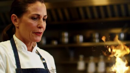 Focused Female Chef Amidst Kitchen Fire, Culinary Passion