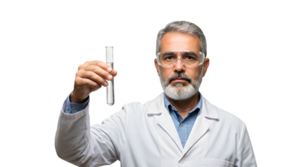 Scientist analyzing sample in laboratory test tube wearing safety glasses and lab coat for science research on transparent background