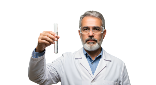 Scientist analyzing sample in laboratory test tube wearing safety glasses and lab coat for science research on transparent background