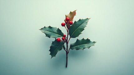 A single, vibrant holly leaf with red berries against a white background, isolated on a pastel background
