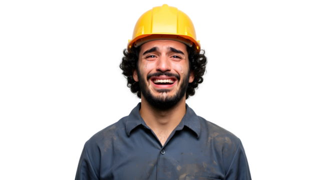 Construction worker crying hard hat safety gear emotional stress job loss depression anxiety burnout sadness pain on transparent background