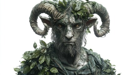 Mythical creature, covered in foliage, intense gaze