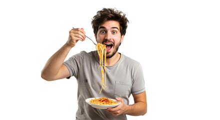 Man eating delicious spaghetti pasta with tomato sauce italian food tasty meal yummy dinner lunch happy face on transparent background