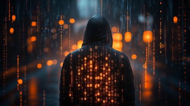 Digital Hacker Concept with Glowing Binary Code and Hooded Figure, Minimalist Dark Background