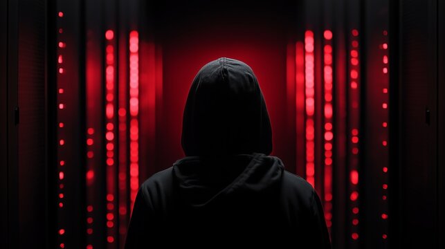 Hooded Hacker in Server Room with Log4J Vulnerability, Minimalist Dark Background and Copy Space