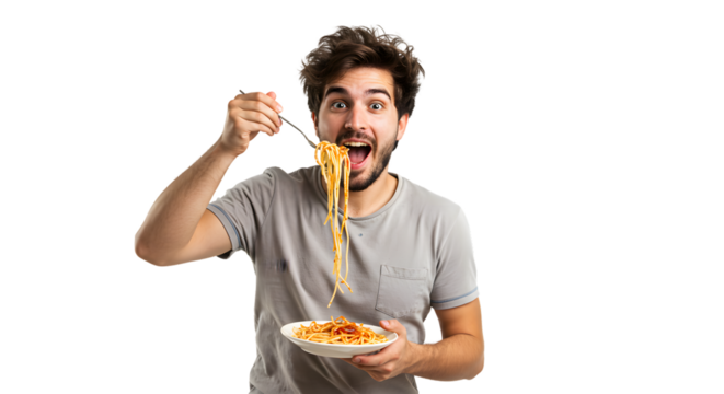 Man eating delicious spaghetti pasta with tomato sauce italian food tasty meal yummy dinner lunch happy face on transparent background